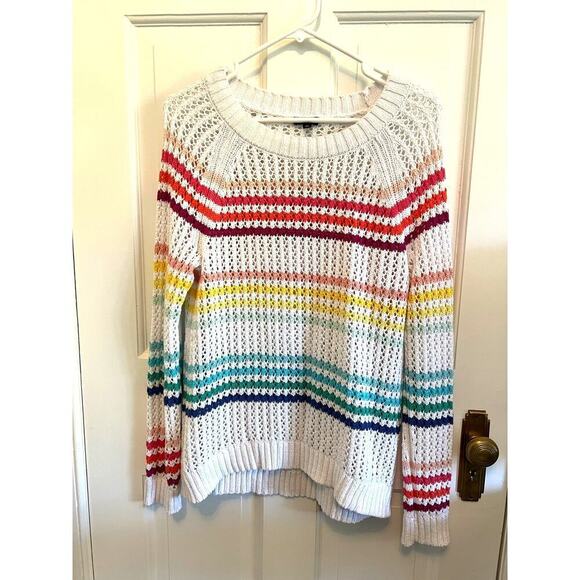 Talbots Open Stitch Rainbow Stripe Sweater Raglan Crochet Loose Knit Women's M - Picture 1 of 8